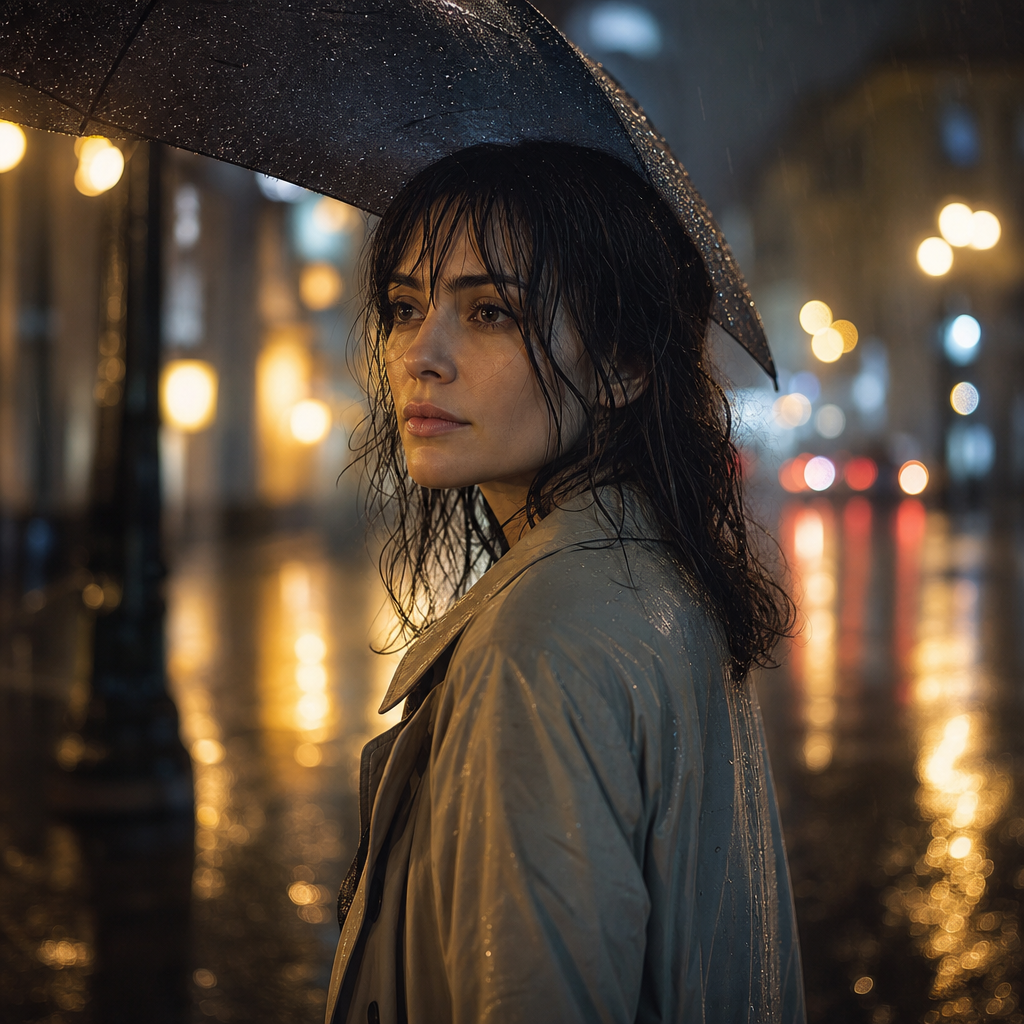 AI-generated rain reflection portrait on a city street at night.