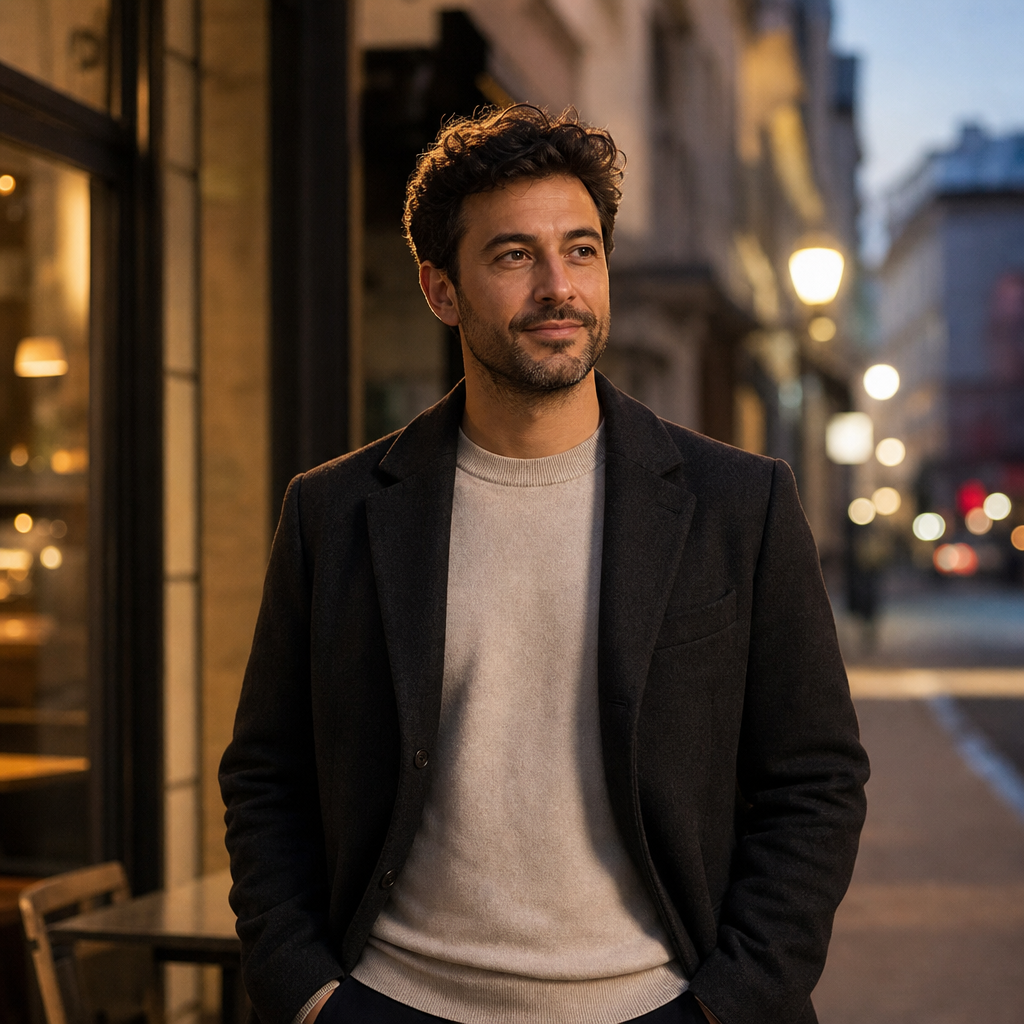 AI-generated cinematic evening street portrait with warm lights.