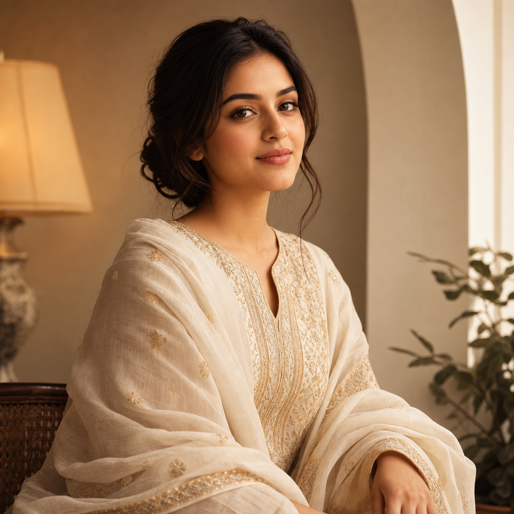 AI-generated elegant traditional-inspired portrait in warm window light.