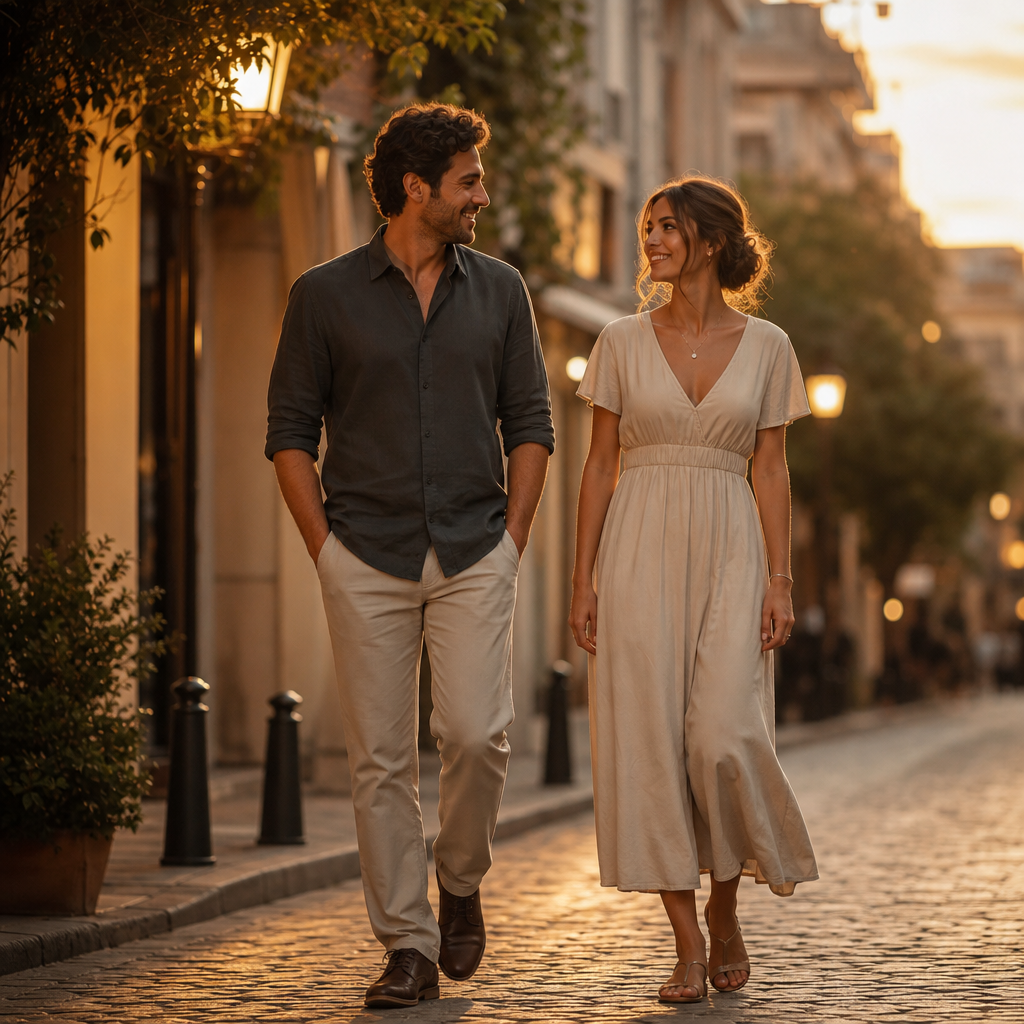 AI-generated backlit adult couple walking on a warm evening street.