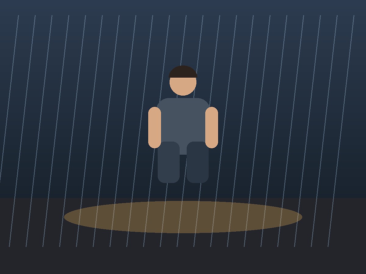 Rain Reflection Portrait — Vertical portrait, reflections and muted blues with warm highlights.