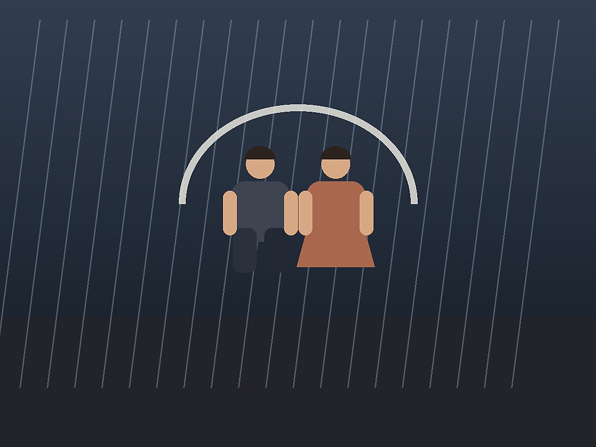 Rain Umbrella Couple Scene — Vertical rain scene, umbrella silhouette, warm reflections.