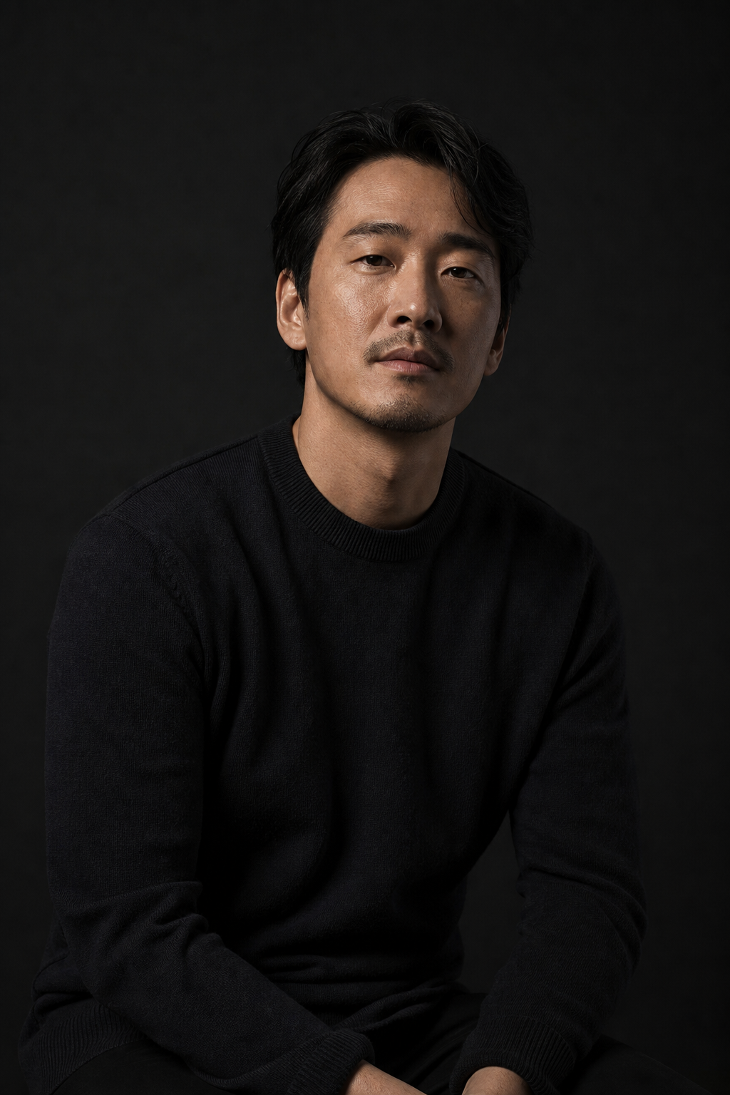 AI-generated dramatic black-background studio portrait.